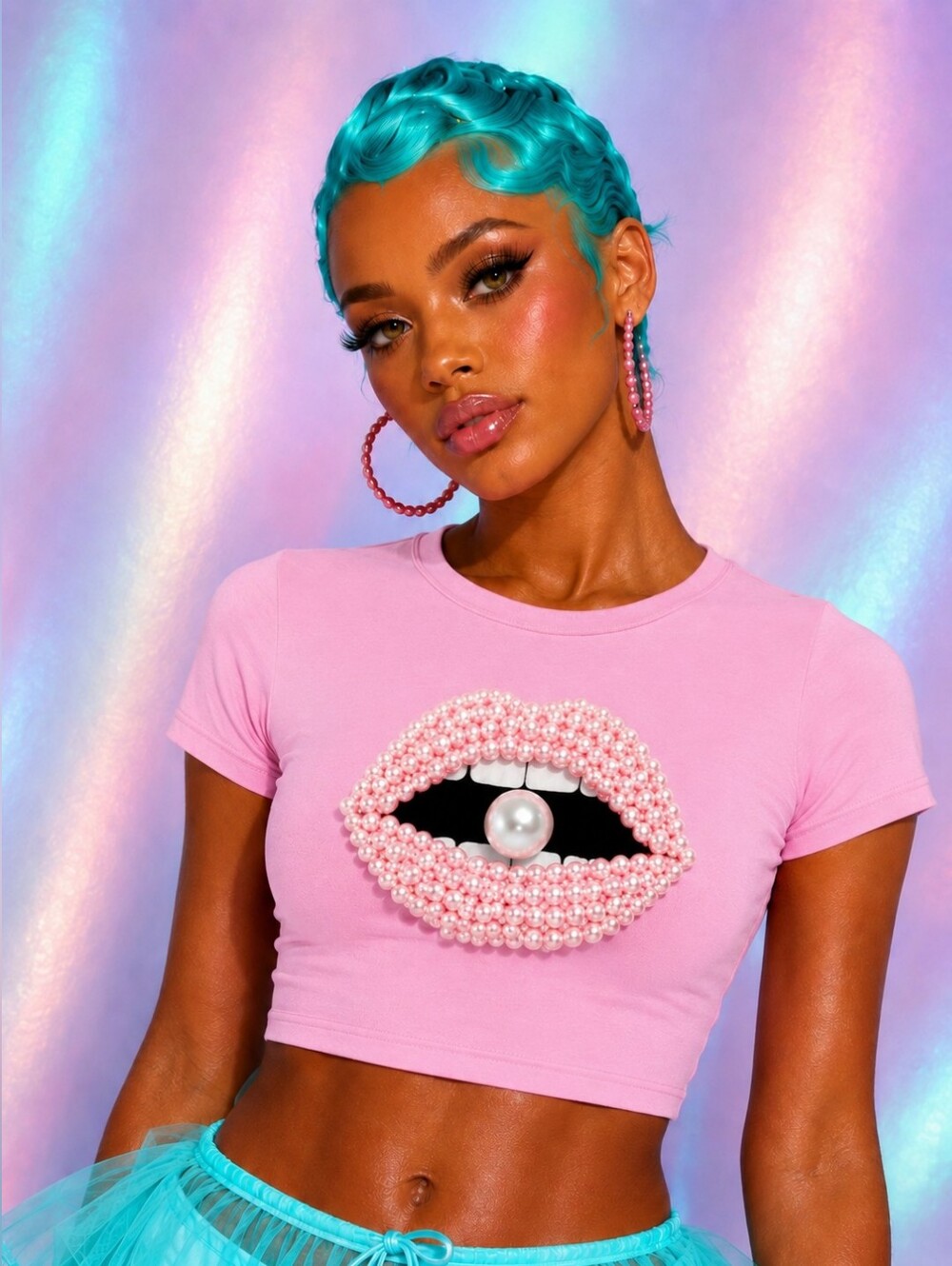 💋CROPPED PINK TSHIRT 3D PEARL LIPS GRAPHIC PRINT!!!